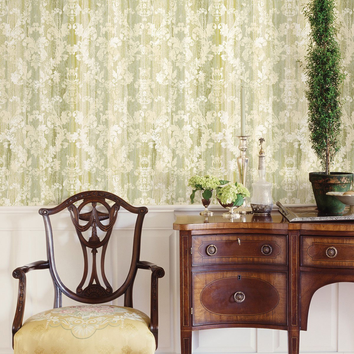 Camilia Green Damask  Wallpaper