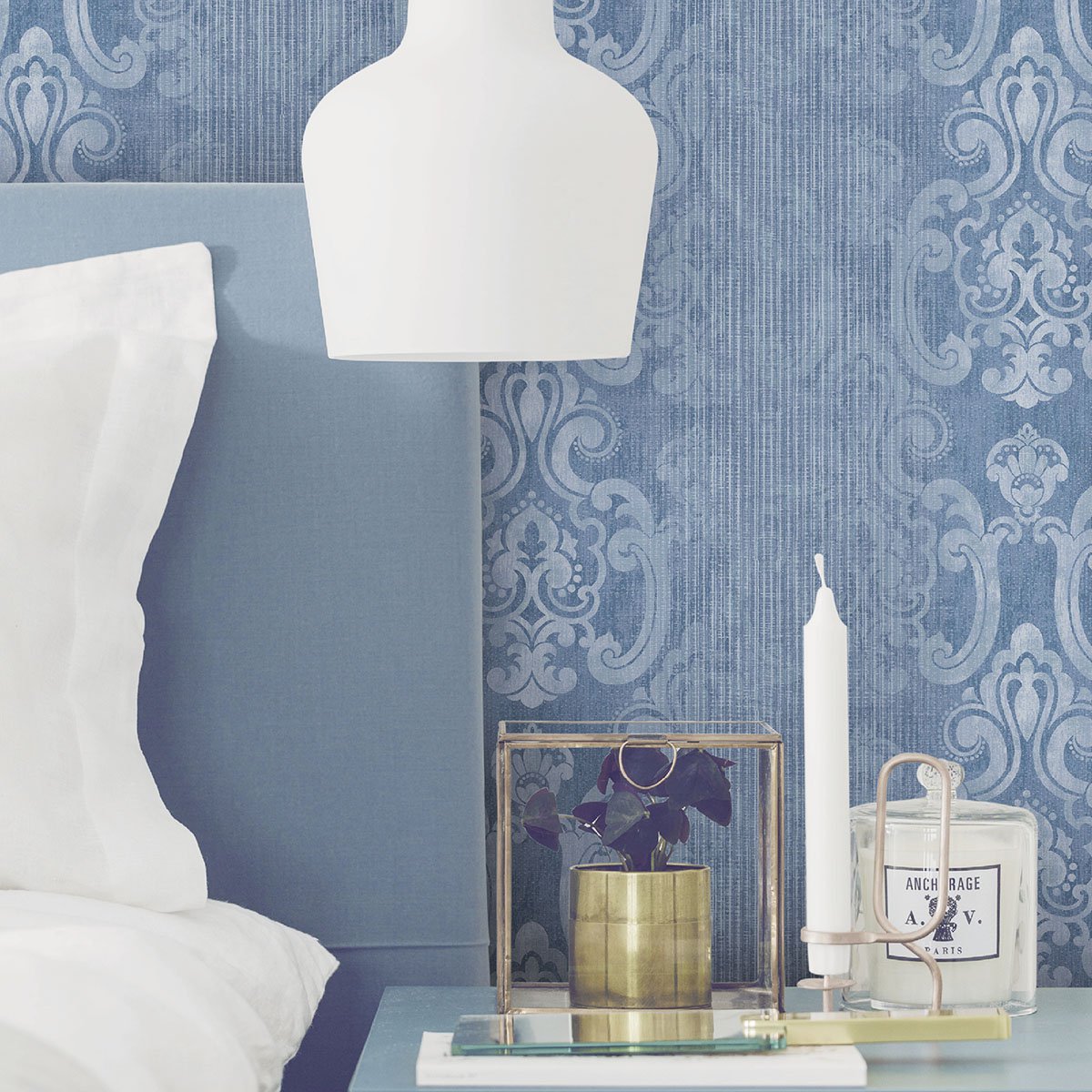 Ariana Dark Blue Striped Damask Wallpaper