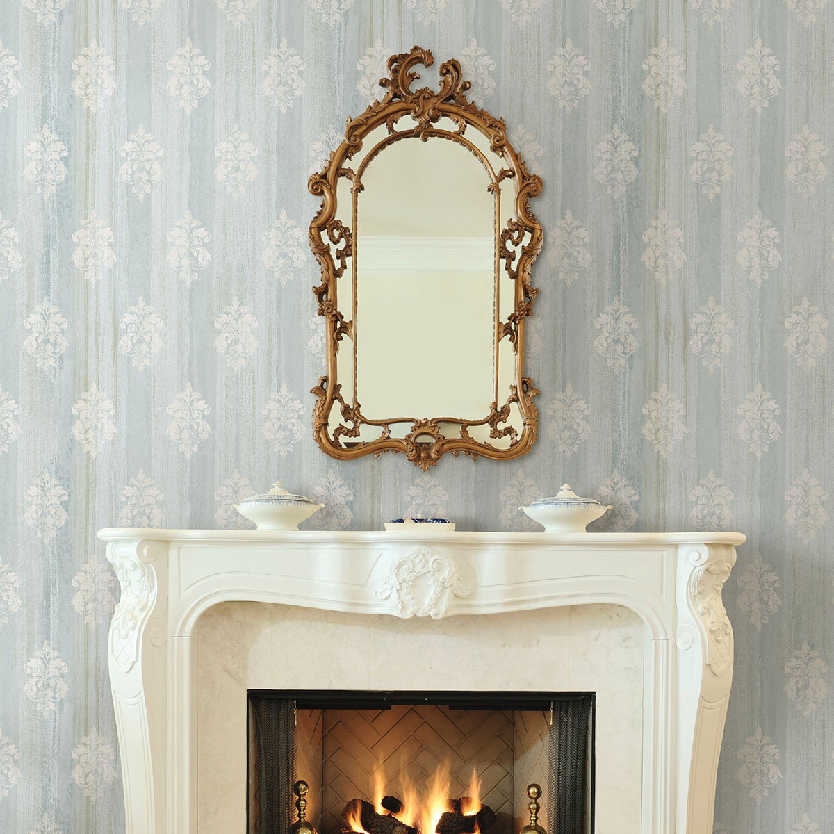 Alison Aqua Damask Motif  Wallpaper