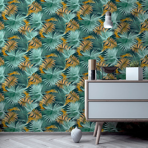 Esau Teal Jungle Palms Wallpaper