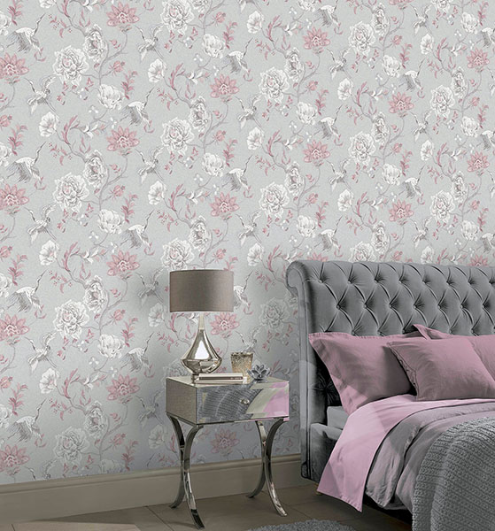 Maggie Light Grey Cranes Wallpaper