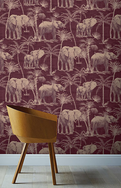 Adelia Maroon Elephant Grove Wallpaper