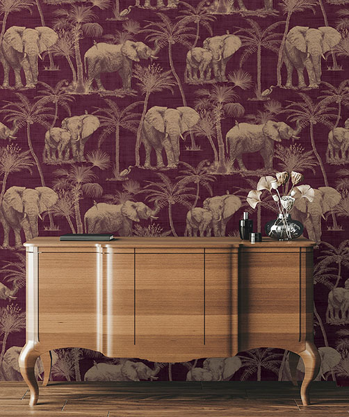 Adelia Maroon Elephant Grove Wallpaper