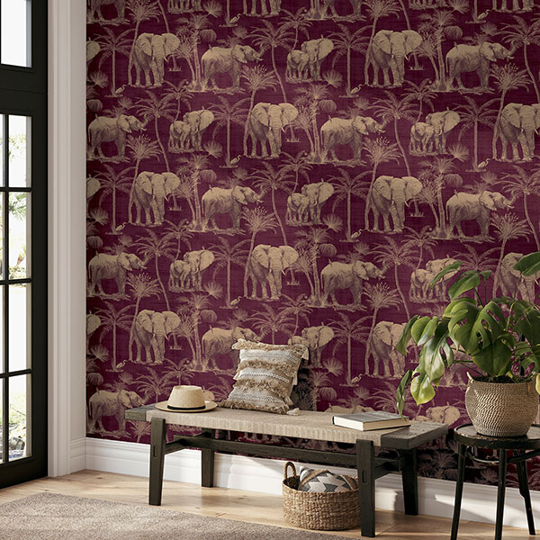 Adelia Maroon Elephant Grove Wallpaper