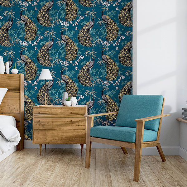 Takara Teal Opulent Peacock Wallpaper