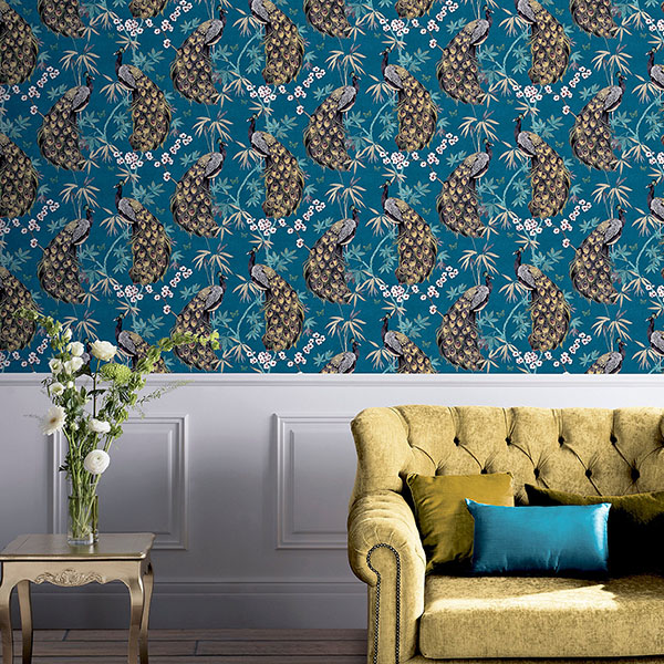 Takara Teal Opulent Peacock Wallpaper