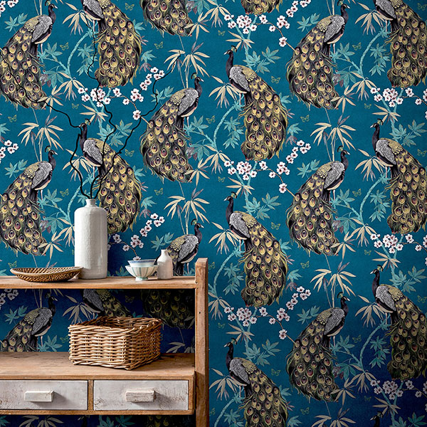 Takara Teal Opulent Peacock Wallpaper