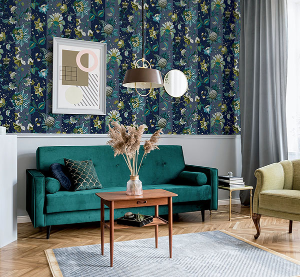 Cornelia Navy Floral Stripe Wallpaper
