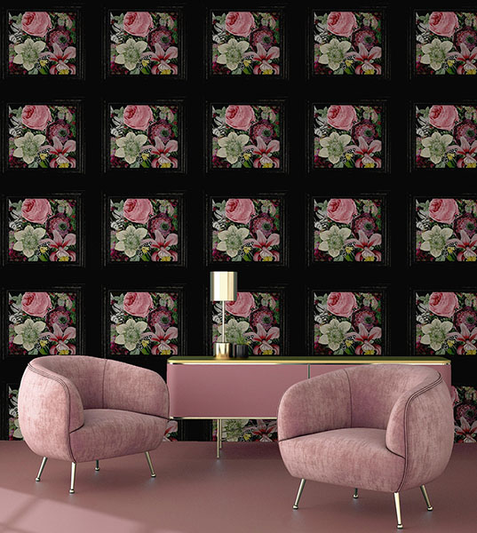 Lucinda Black Floral Panel Wallpaper