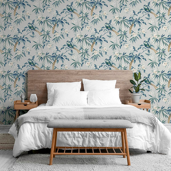 Suzume Teal Birds and Blooms Wallpaper