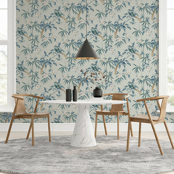 Suzume Teal Birds and Blooms Wallpaper