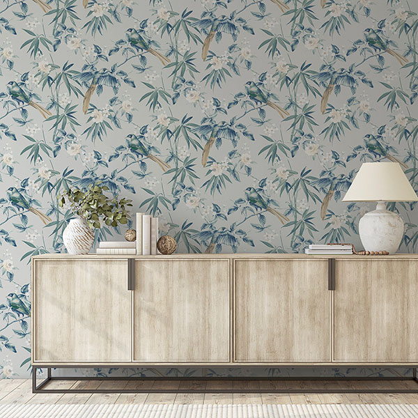 Suzume Teal Birds and Blooms Wallpaper