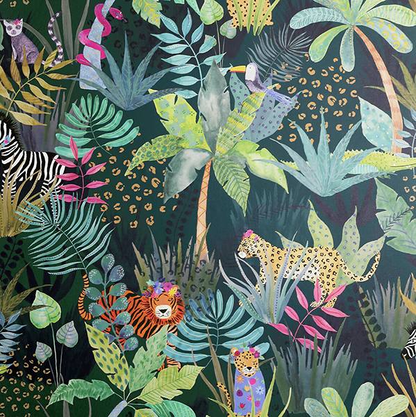 Fonda Dark Green Jungle Party Wallpaper