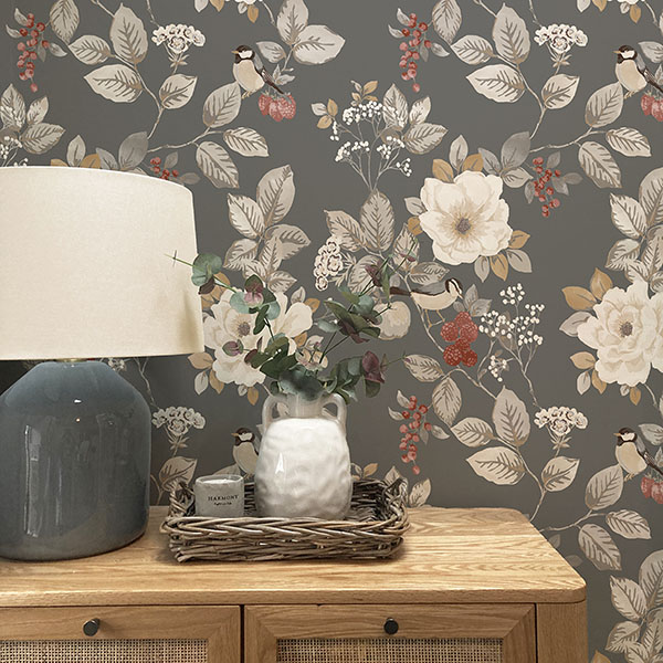 Bramble Charcoal Floral Wallpaper