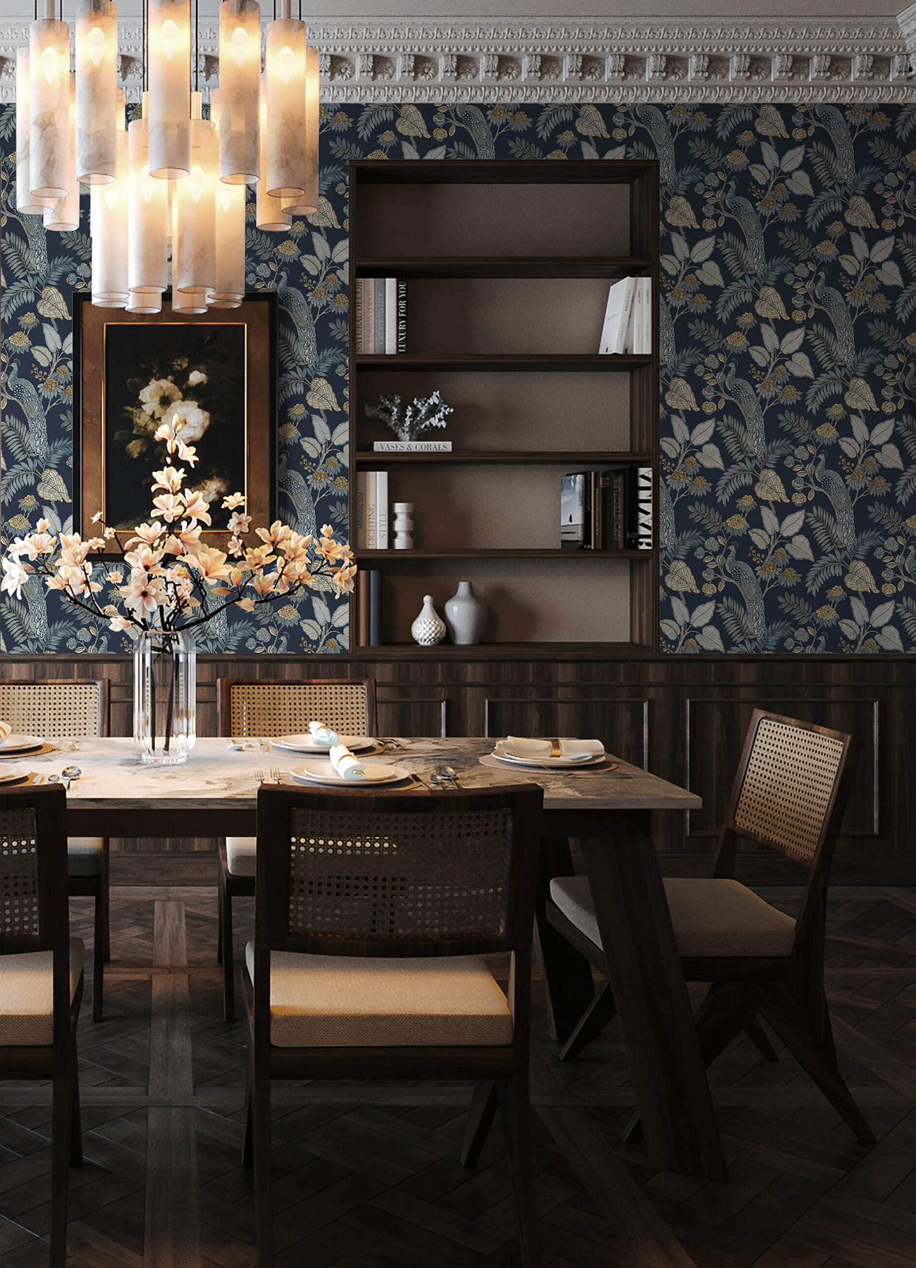 Geneva Dark Blue Peacock Paradise Wallpaper