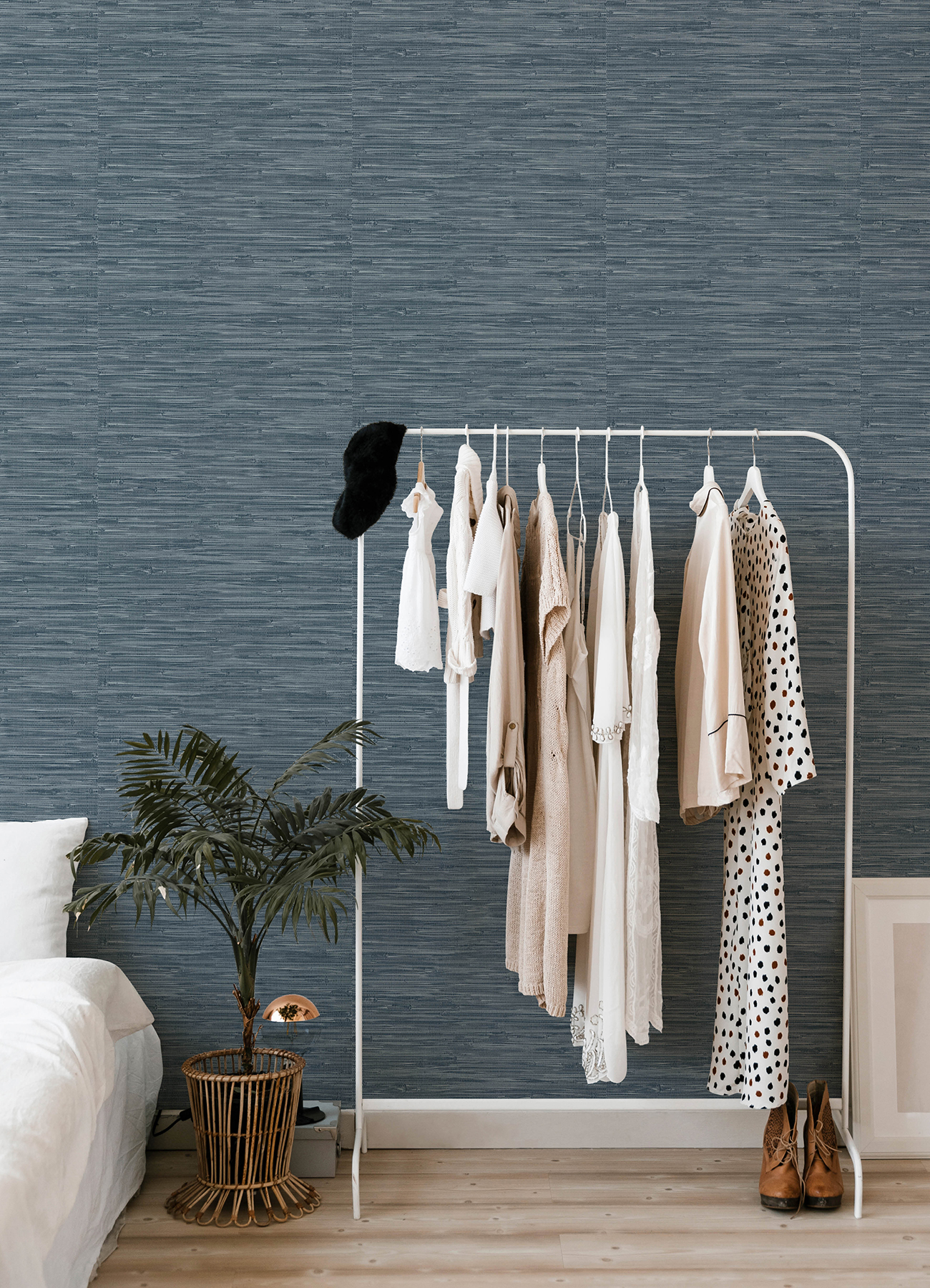 Exhale Indigo Woven Faux Grasscloth Wallpaper