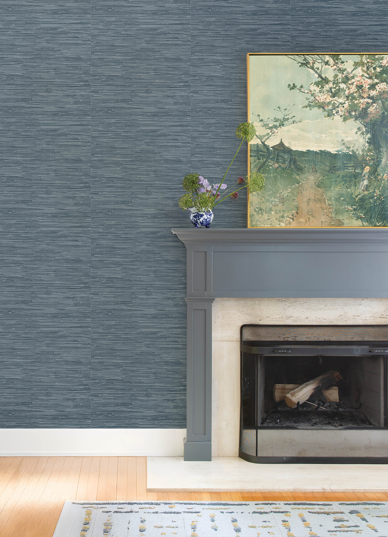 Exhale Indigo Woven Faux Grasscloth Wallpaper