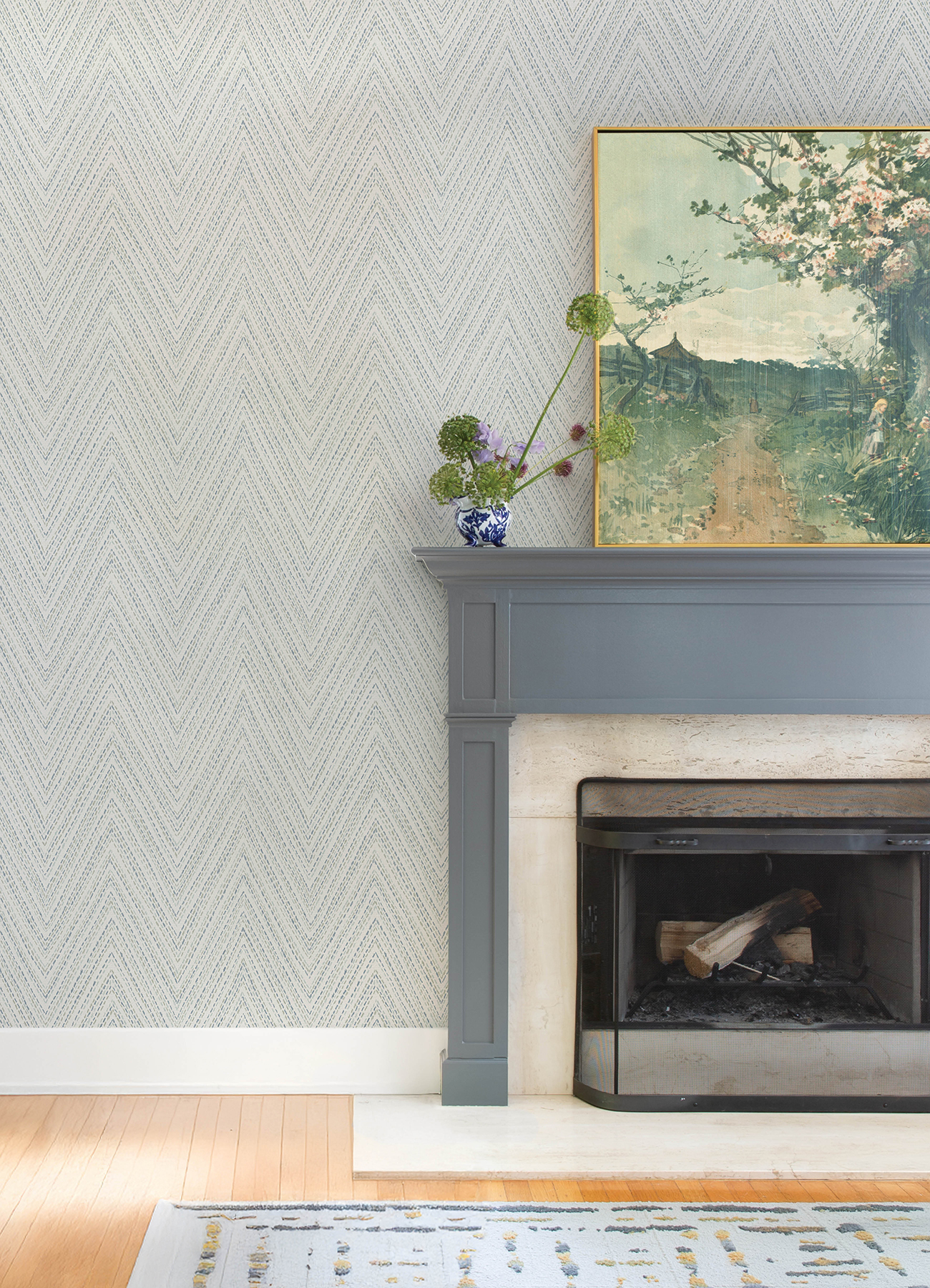 Lainey Blue Stitched Chevron Wallpaper