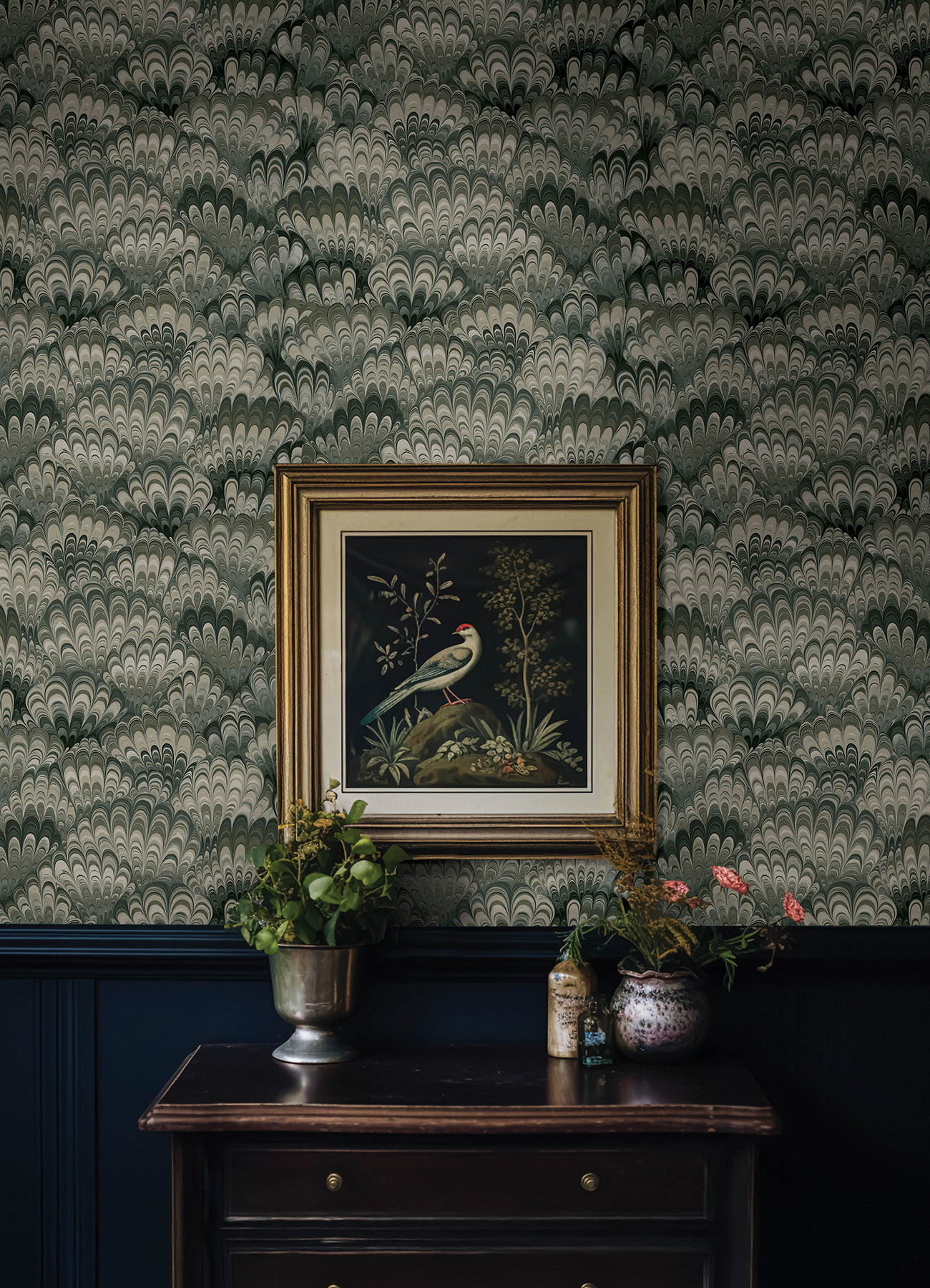Octavia Dark Green Marbled Ink Wallpaper