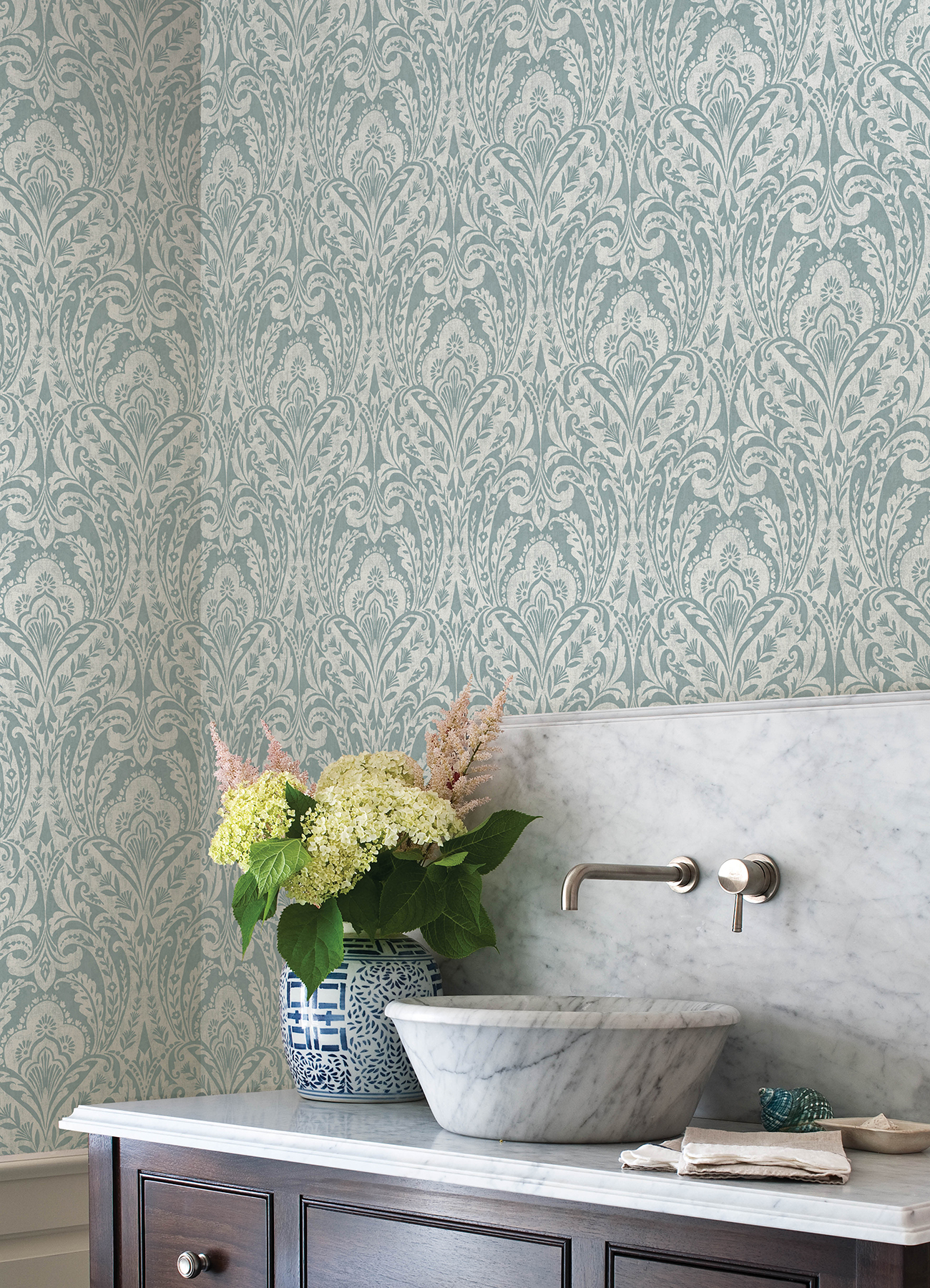 Berkshire Denim Damask Wallpaper