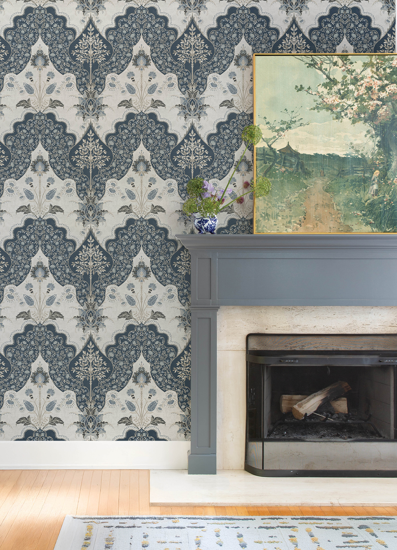 Auden Dark Blue Floral Grandeur Wallpaper