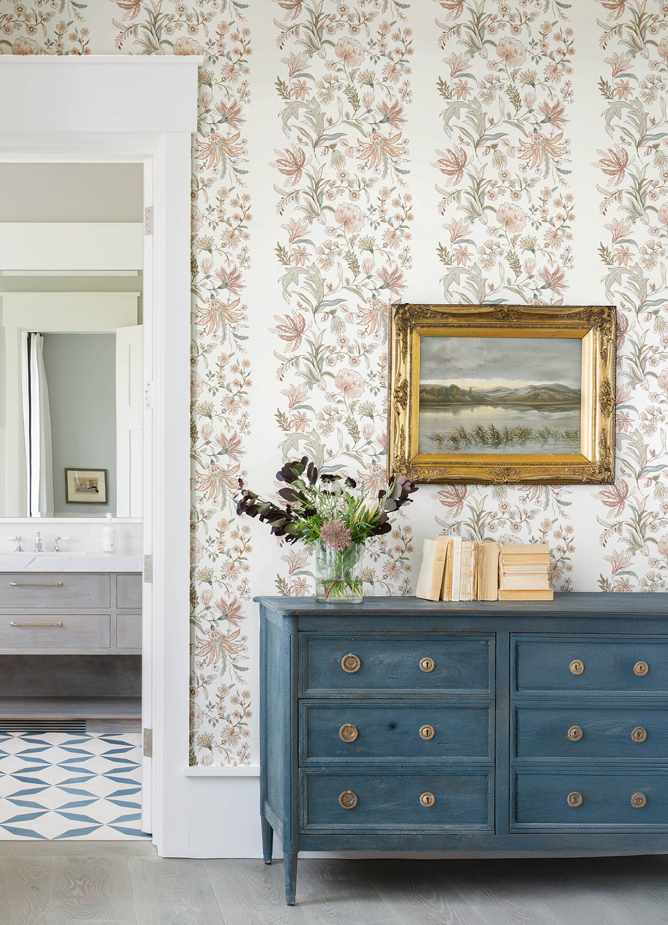 Teonna Light Pink Floral Stripe Wallpaper