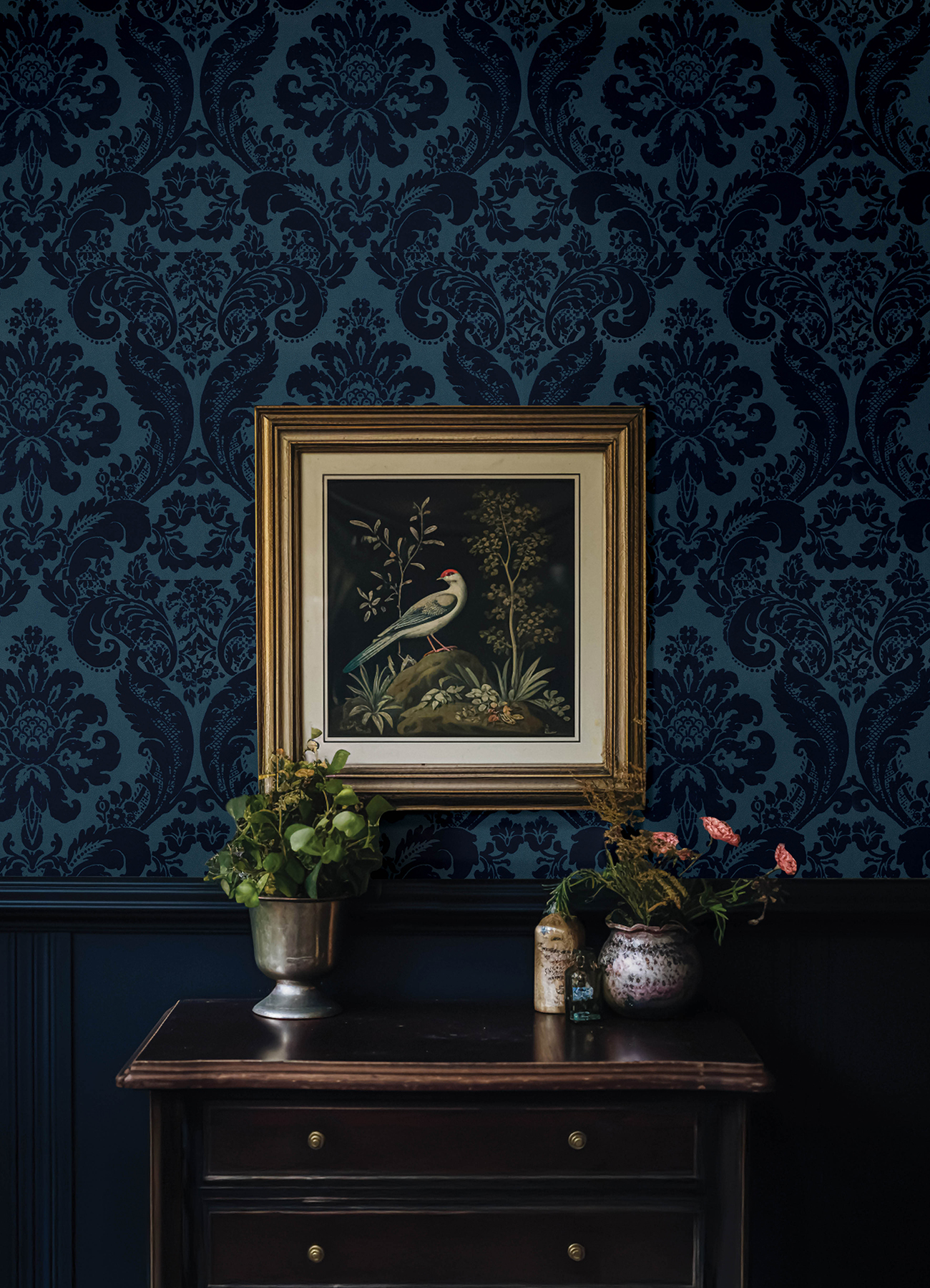 Shadow Blue Flocked Damask Wallpaper
