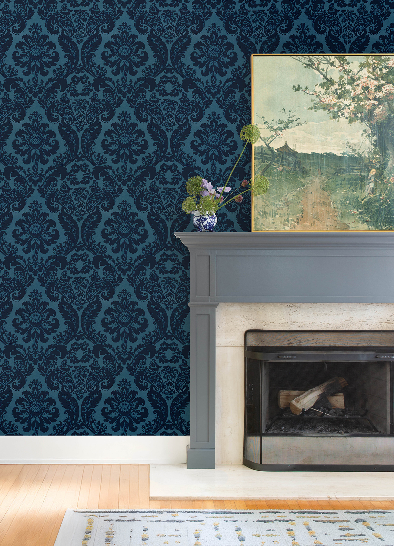 Shadow Blue Flocked Damask Wallpaper