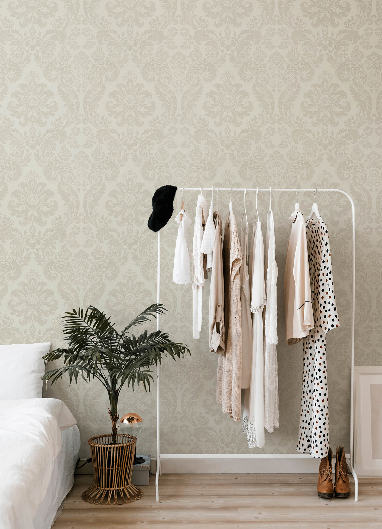 Shadow Cream Flocked Damask Wallpaper