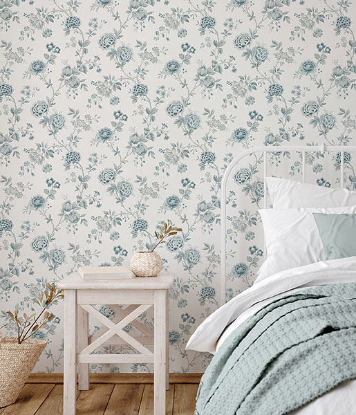 Chrysanthemum Teal Jacobean Wallpaper