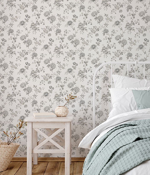 Chrysanthemum Grey Jacobean Wallpaper