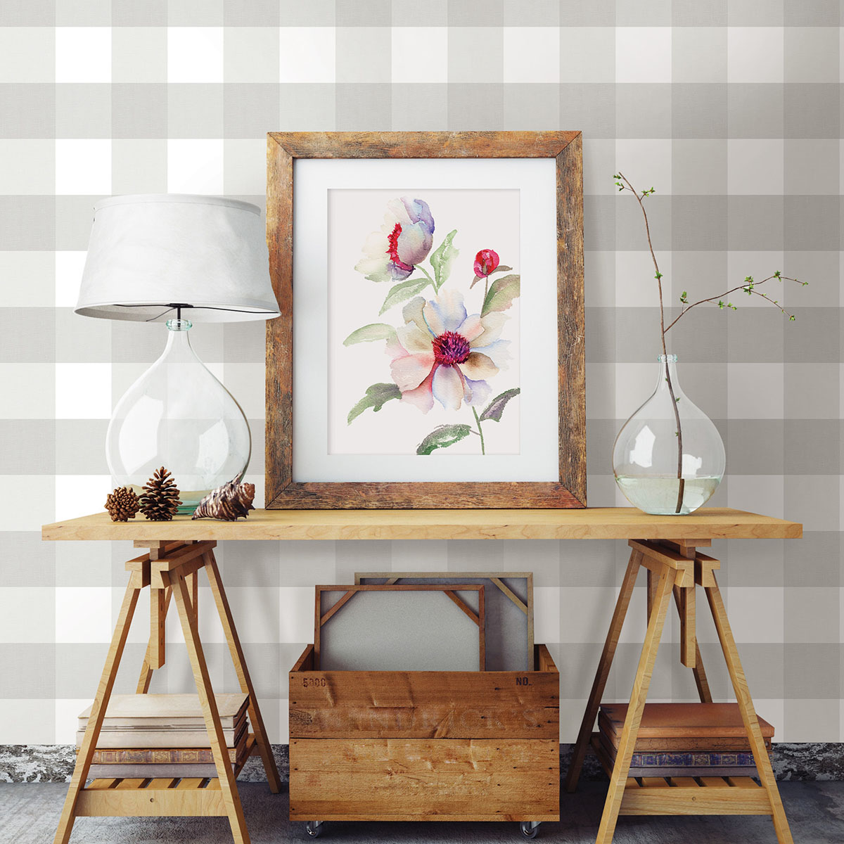 Amos Grey Gingham Wallpaper