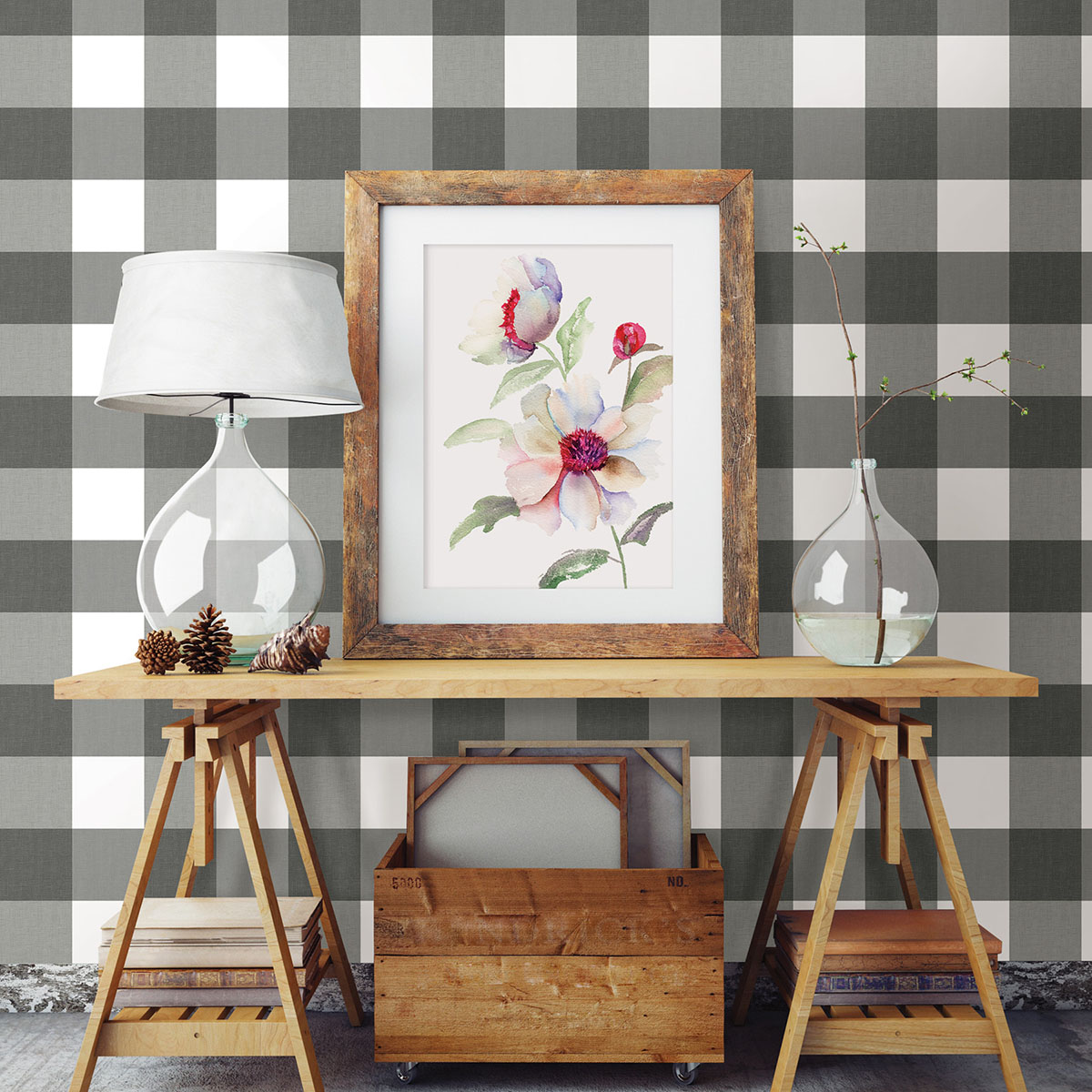 Amos Charcoal Gingham Wallpaper