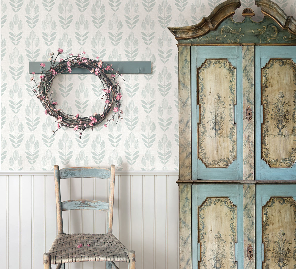 Garland Teal Block Tulip Wallpaper