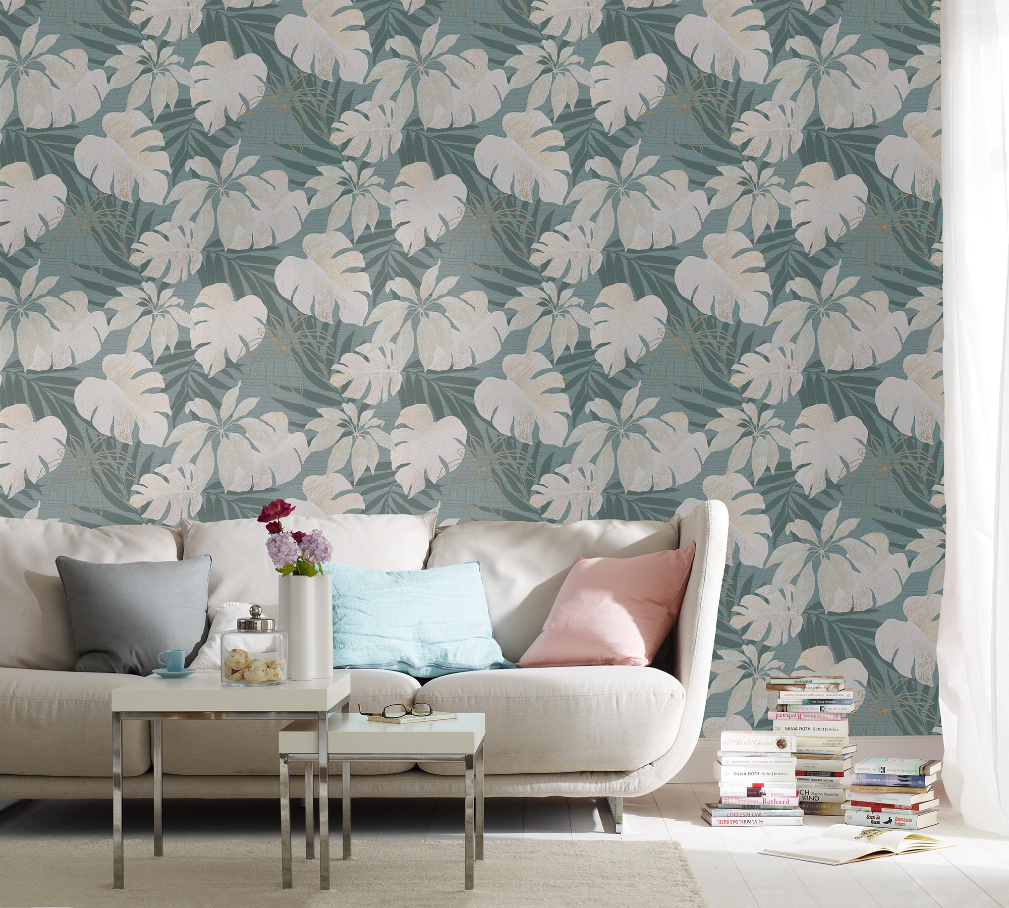 Nona Grey Tropical Leaves Wallpaper