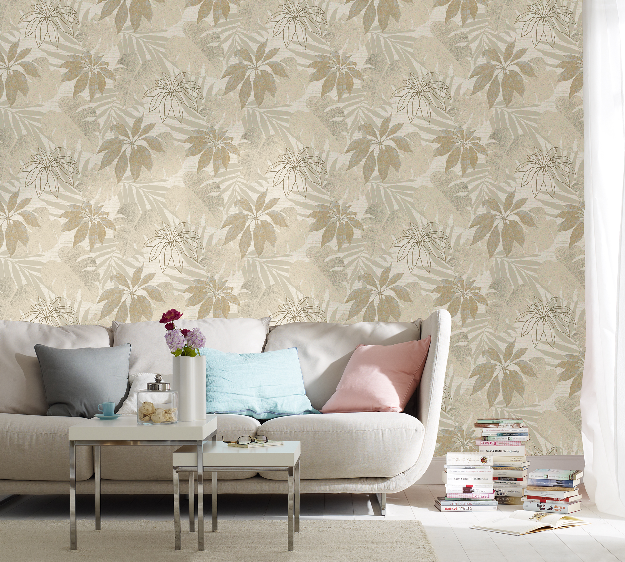 Nona Beige Tropical Leaves Wallpaper
