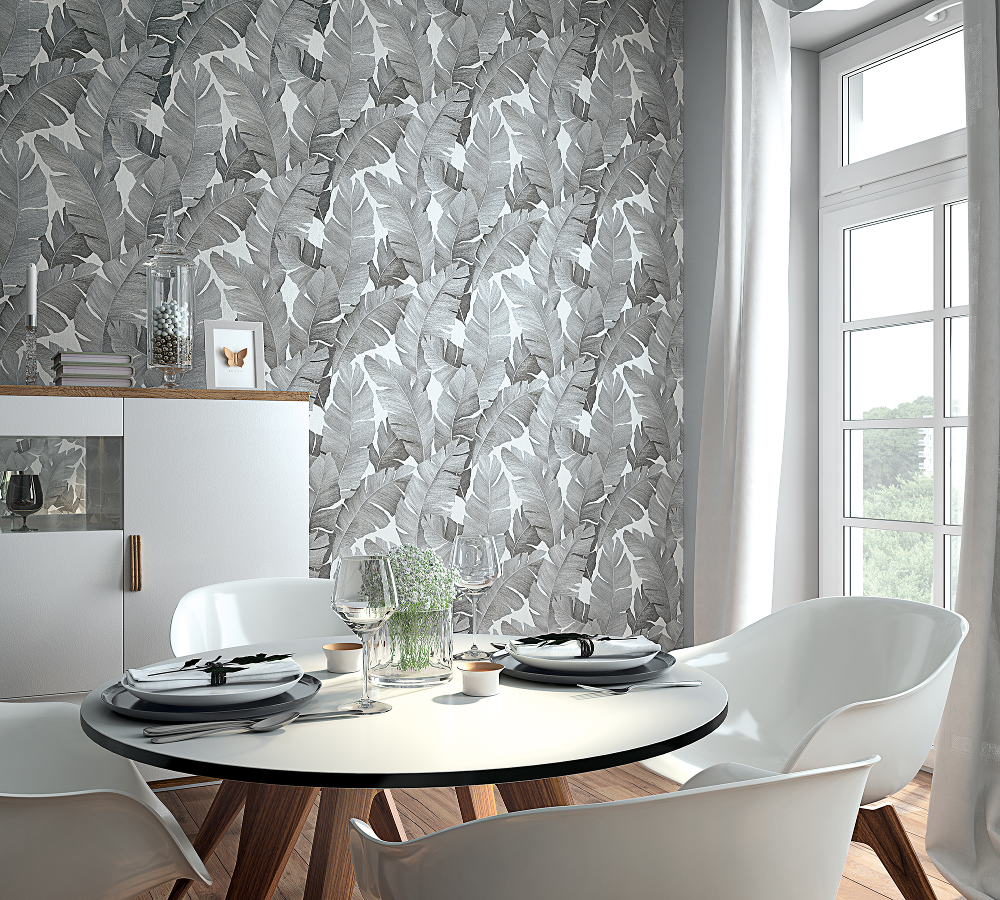 Attalea Grey Palm Leaf Wallpaper