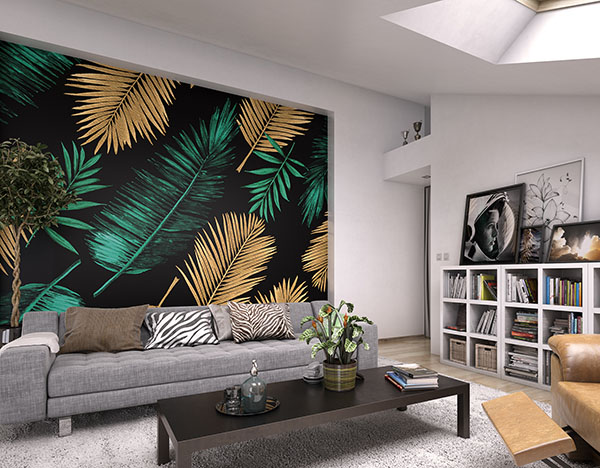 Emerald Green and Gold Palm Leaves Wall Mural
