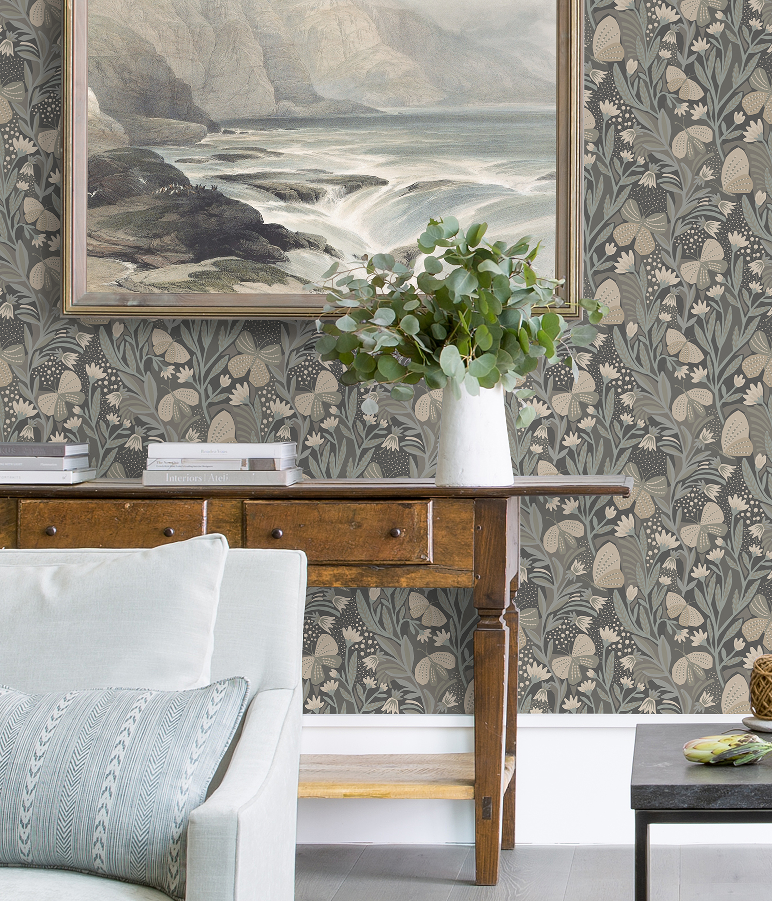 Blue Grey Papillon Flutter Peel & Stick Wallpaper