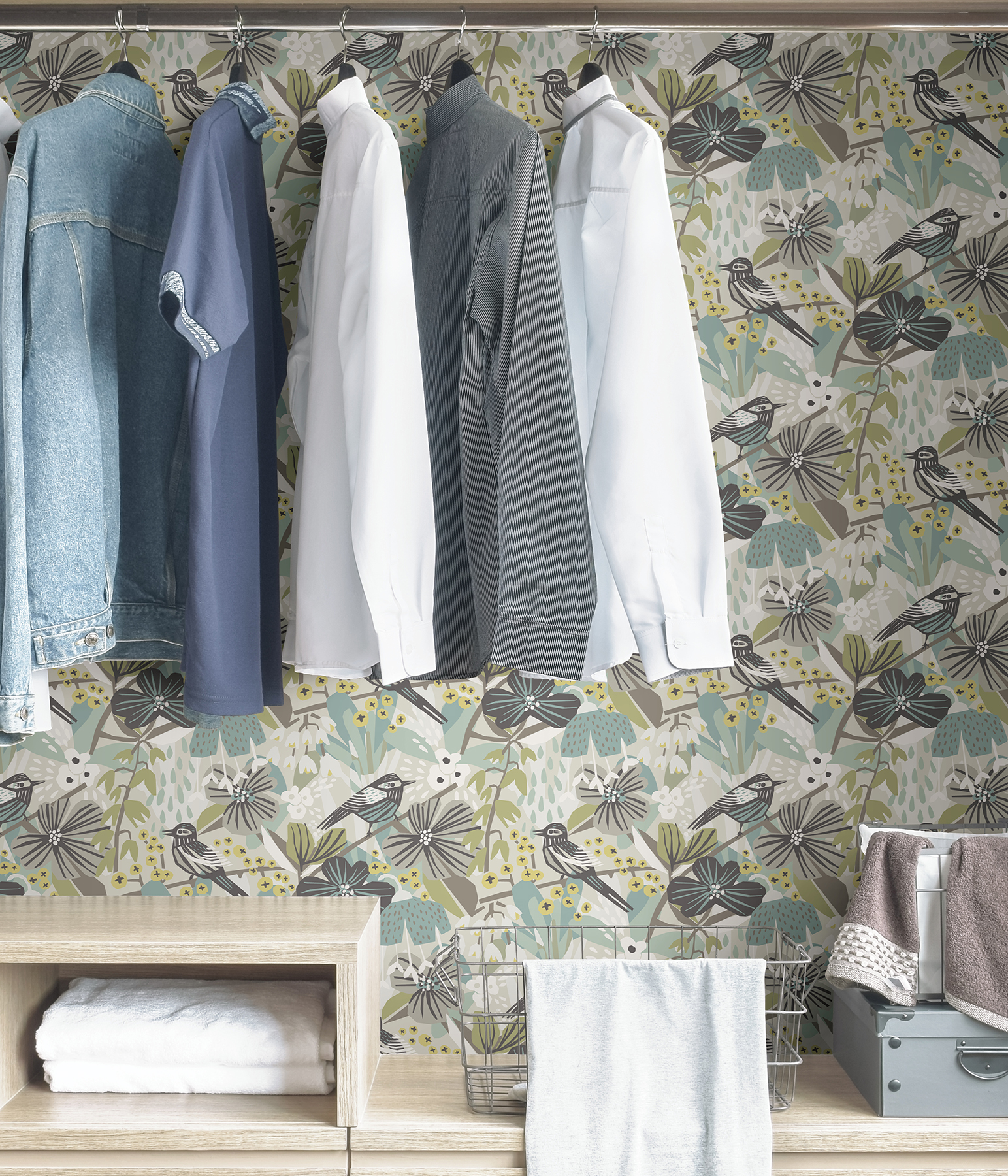 Grey Aqua Jaybird Peel & Stick Wallpaper