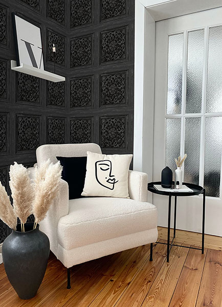 Carved Floral Black Peel & Stick Wallpaper