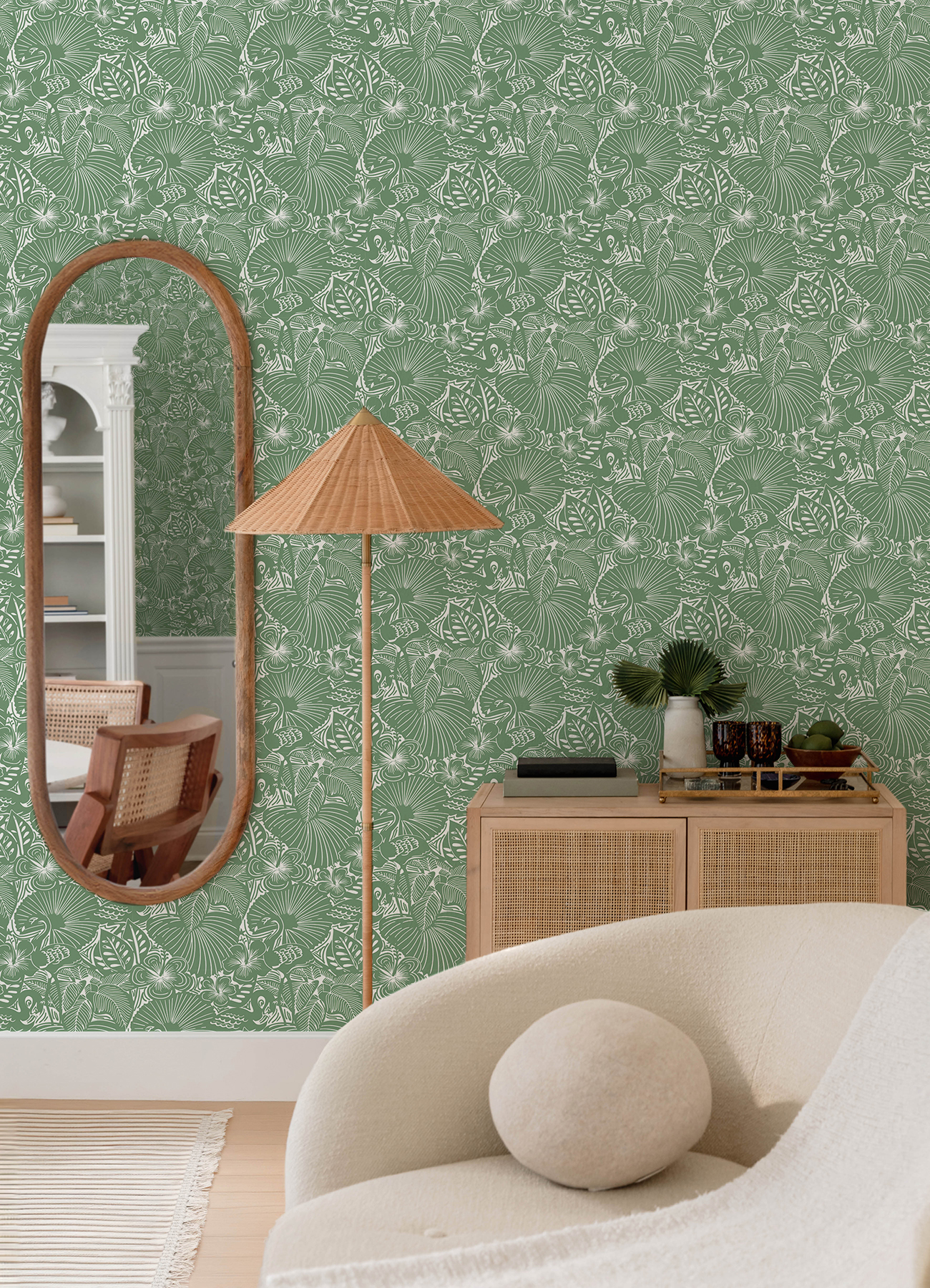 Idalia Green Floral Flamingo Wallpaper