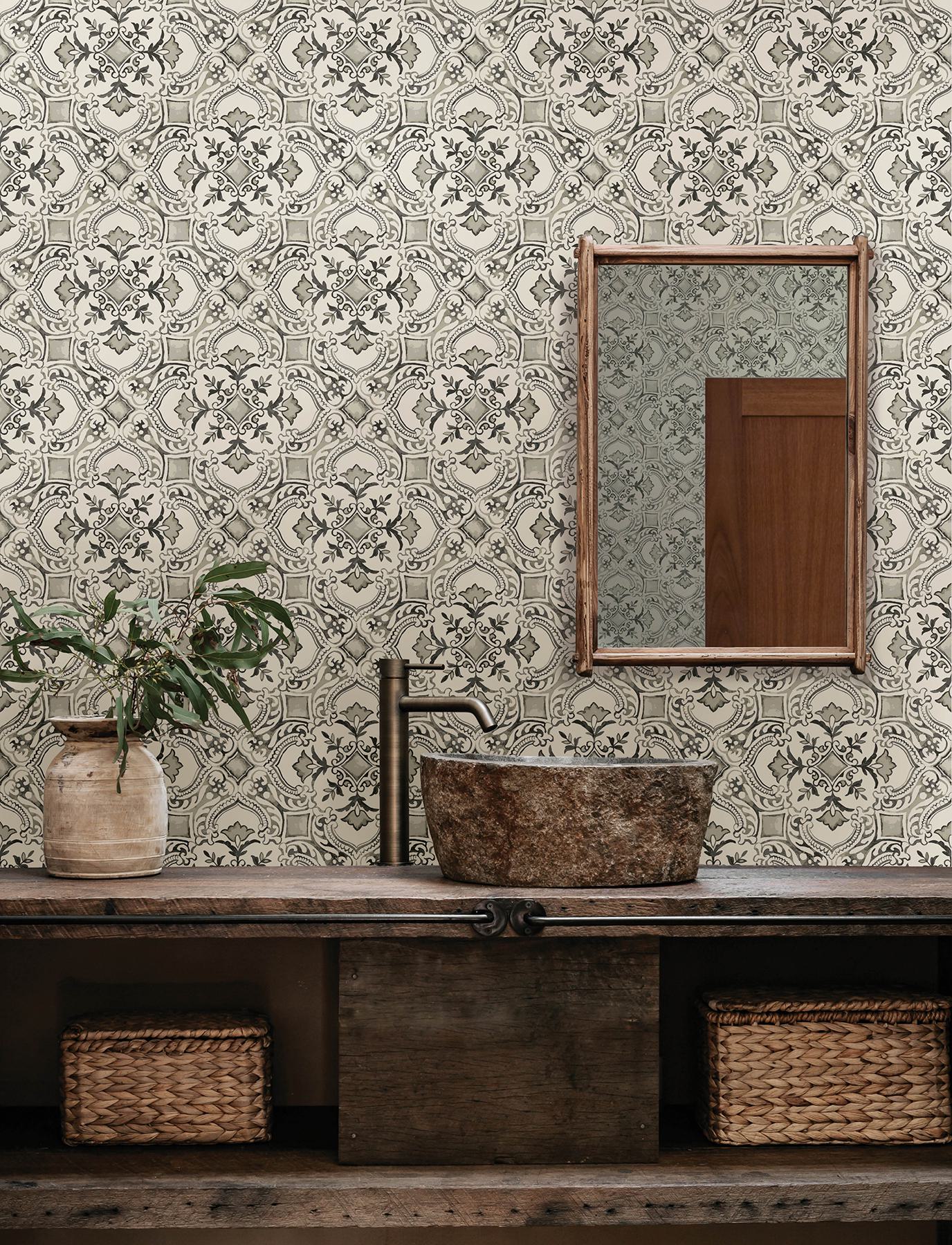 Marjoram Black Floral Tile Wallpaper