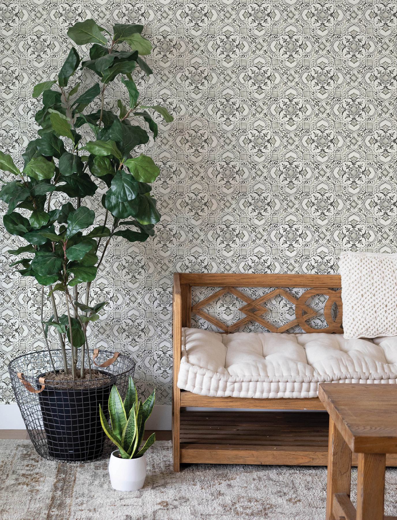 Marjoram Black Floral Tile Wallpaper