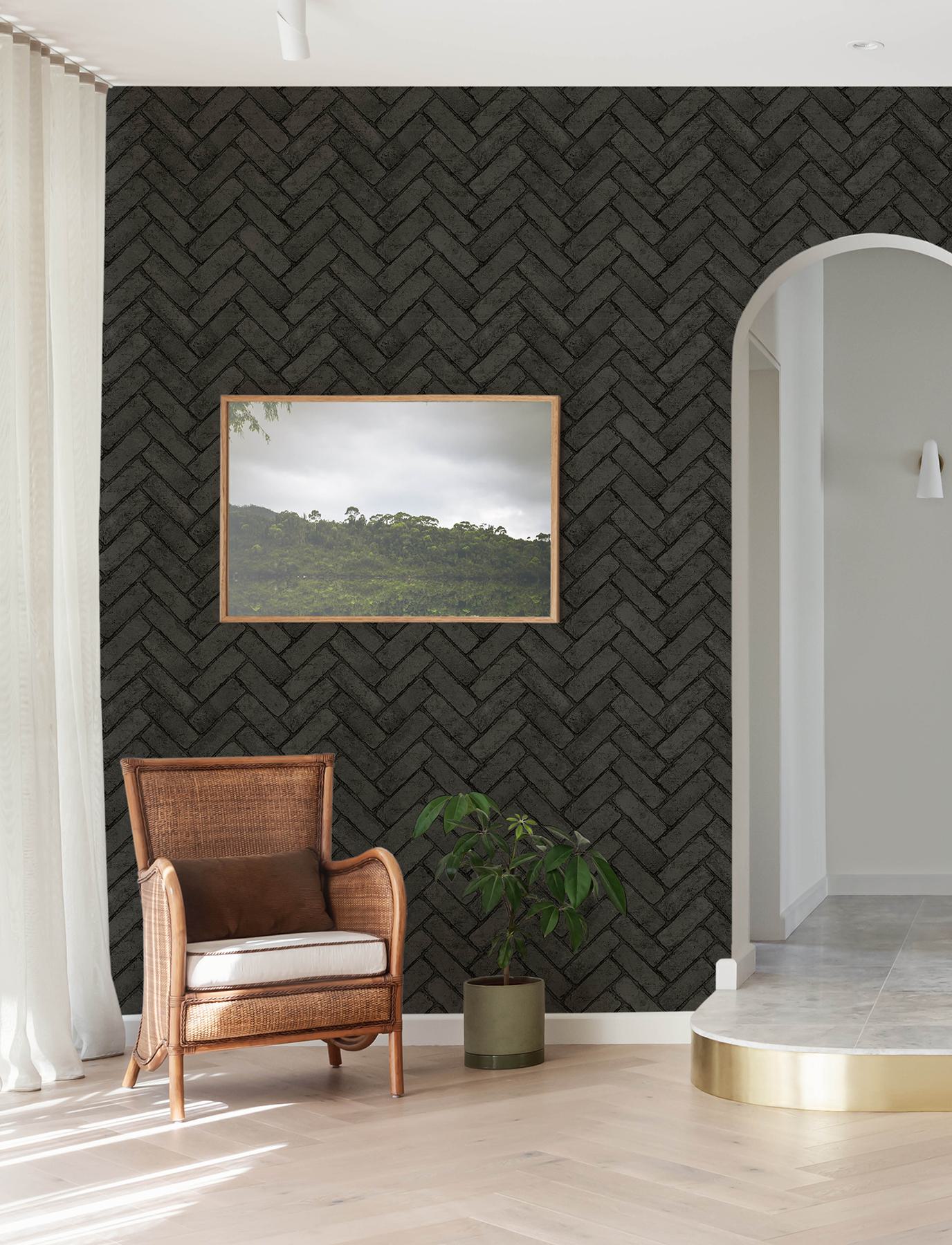 Canelle Black Brick Herringbone Wallpaper