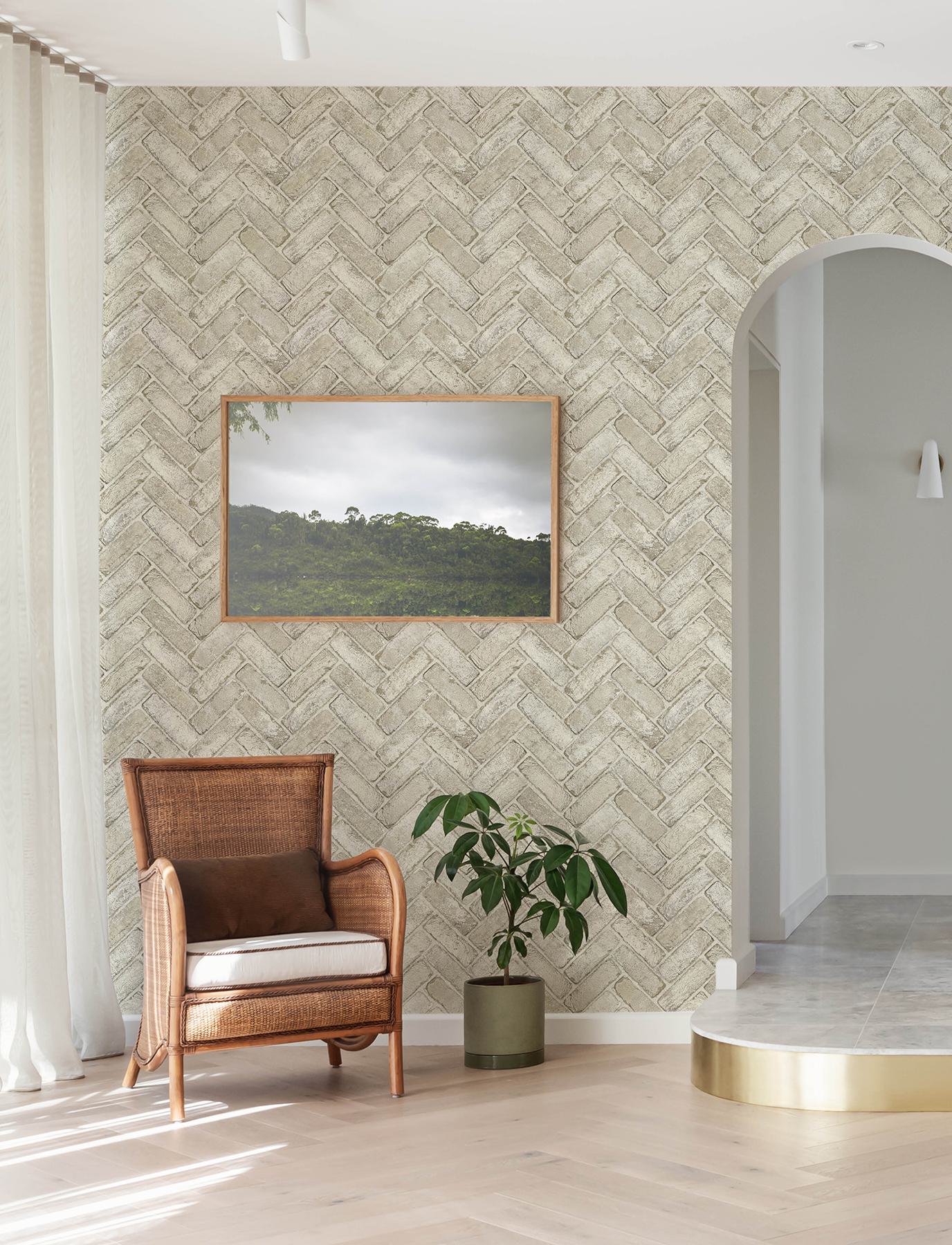 Canelle Taupe Brick Herringbone Wallpaper
