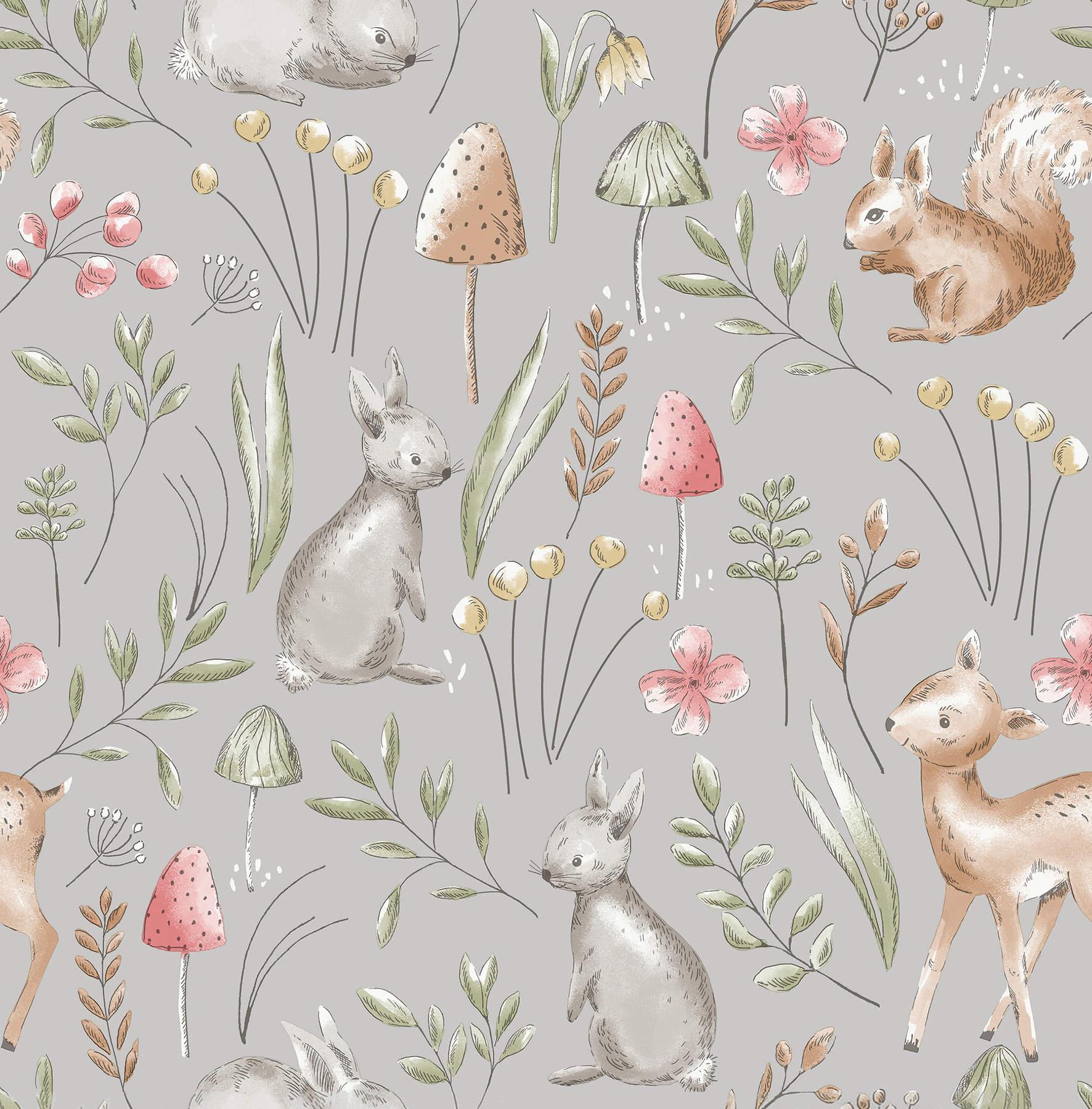 Forest Animals Grey Whimsical Wallpaper