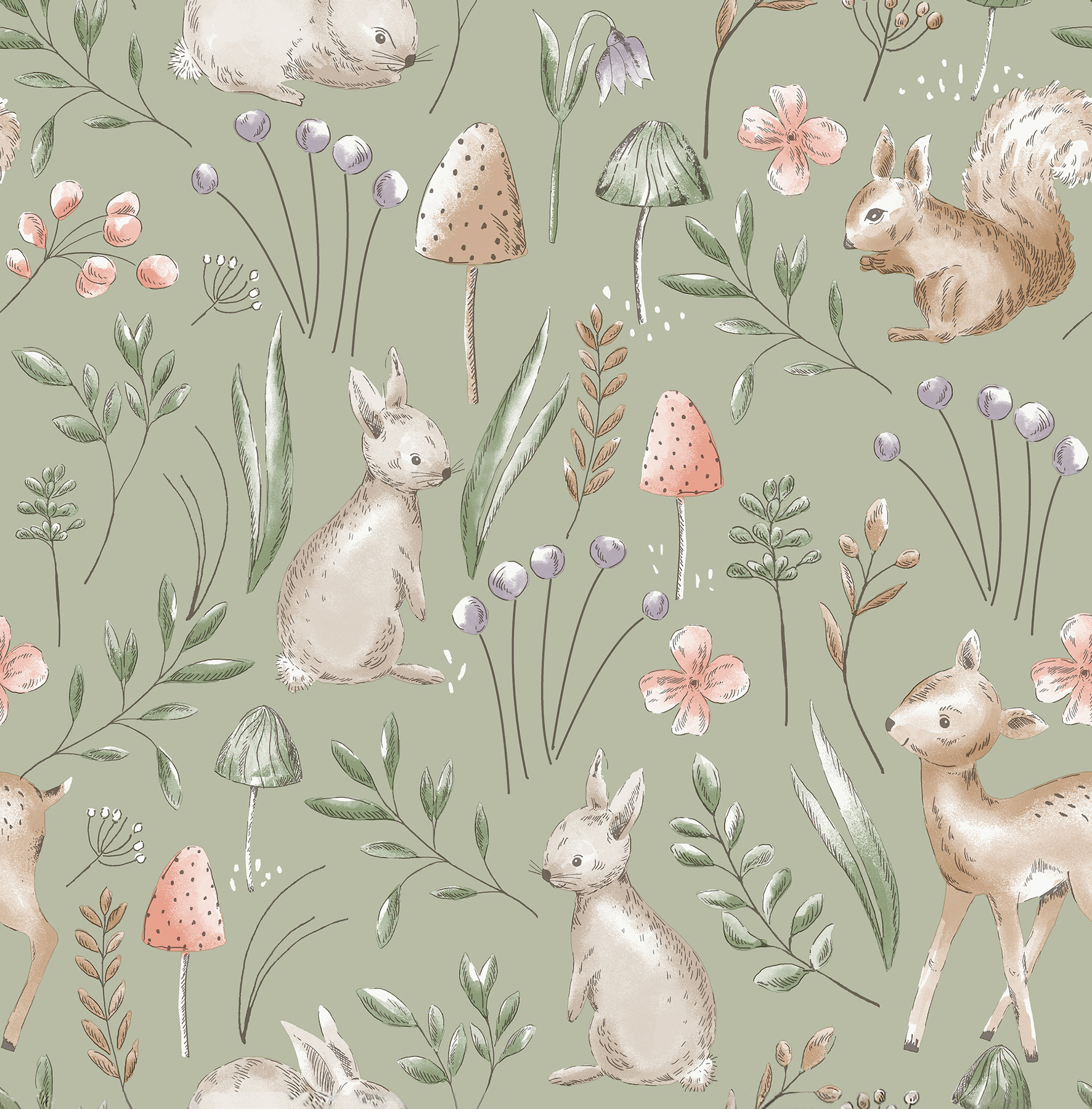 Forest Animals Sage Whimsical Wallpaper