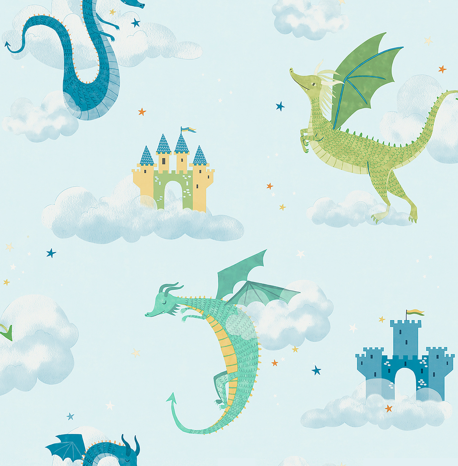 Magical Dragons Blue Fantastical Wallpaper