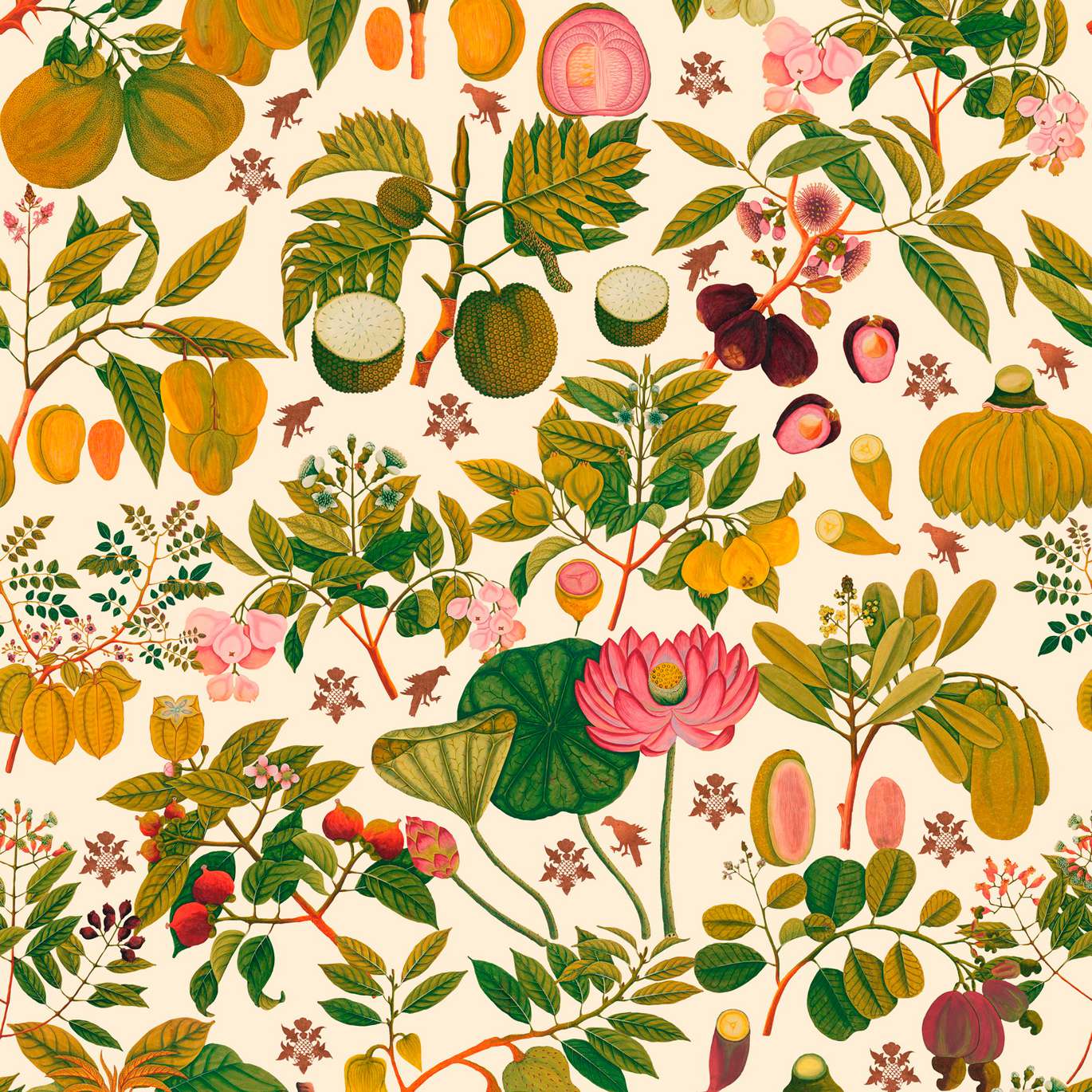 ASIAN FRUITS AND FLOWERS Green, Taupe, Pink